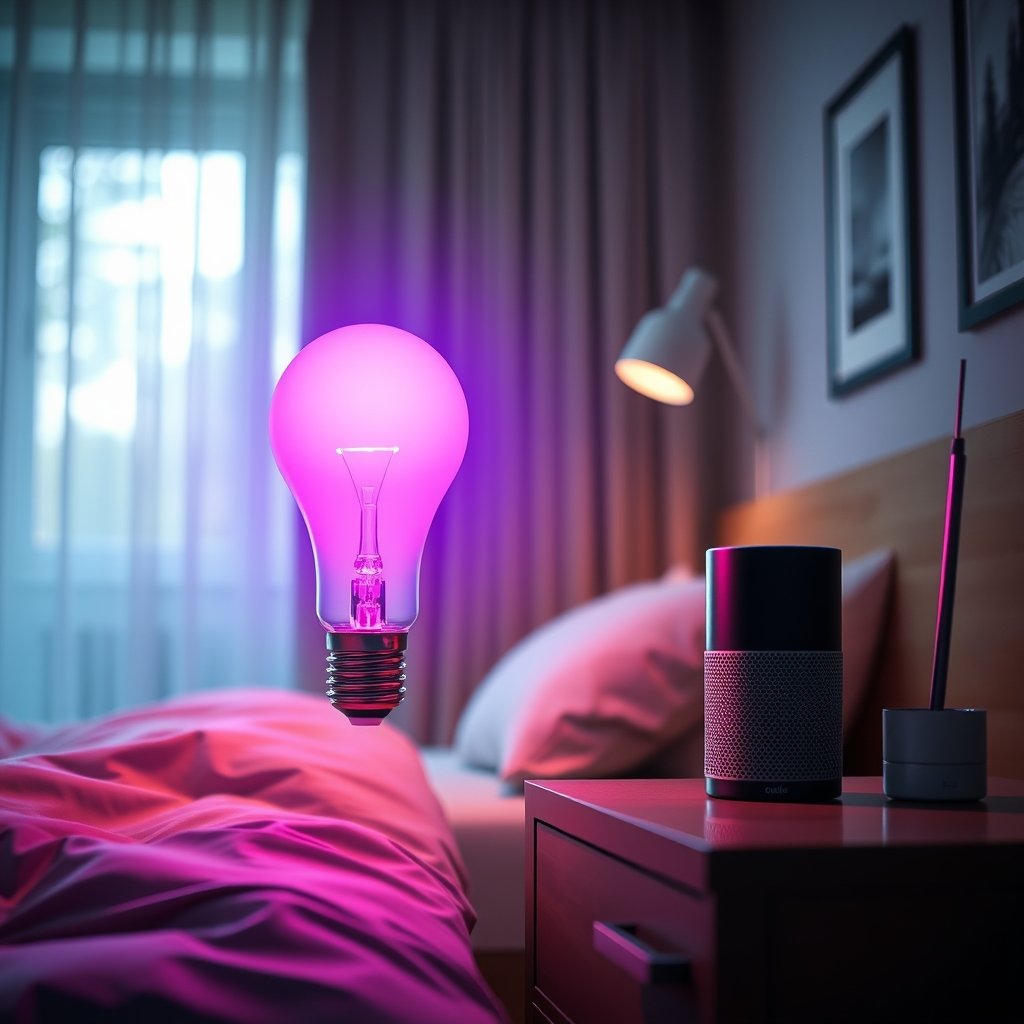 2 Amazon Basics Smart A19 LED Light Bulb, Color Changing in action